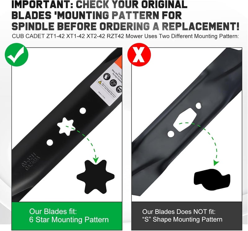 Grasscool 942-04308-X 942-04308 Mulching Blades with 6-Star Mounting Pattern for Troy Bilt Pony Bronco 42 inch Mower Cub Cadet XT1 XT2 LT42 LX42 ZT1-42 42'' Deck Zero Turn Lawn Tractor - Image 2